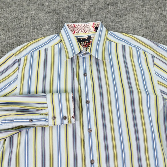 Robert Graham Button Front Shirt Mens XL Blue Stripe Casual "Keep Smiling" Logo - Picture 1 of 15